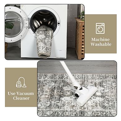 Garvee Distressed Floral Pattern Rug Machine Washable Throw Carpet Tropical Print Floorcover