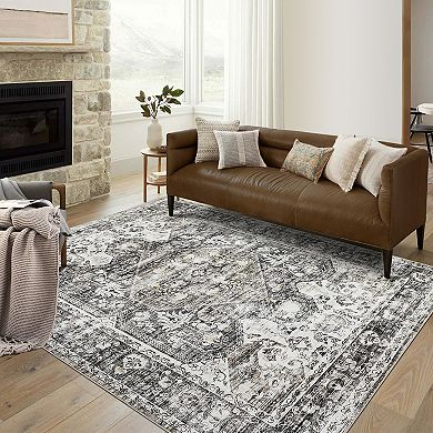 Garvee Distressed Floral Pattern Rug Machine Washable Throw Carpet Tropical Print Floorcover