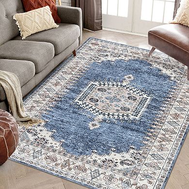 Garvee Machine Washable Vintage Area Rug Floral Print Throw Carpet for Bedroom Living Room