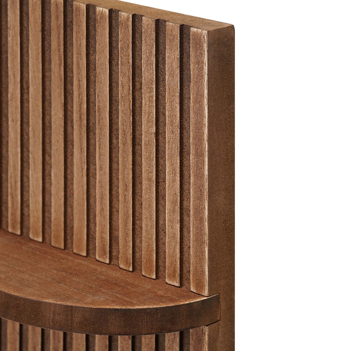 Close-up of vertical slat wood texture on shelf wall decor set