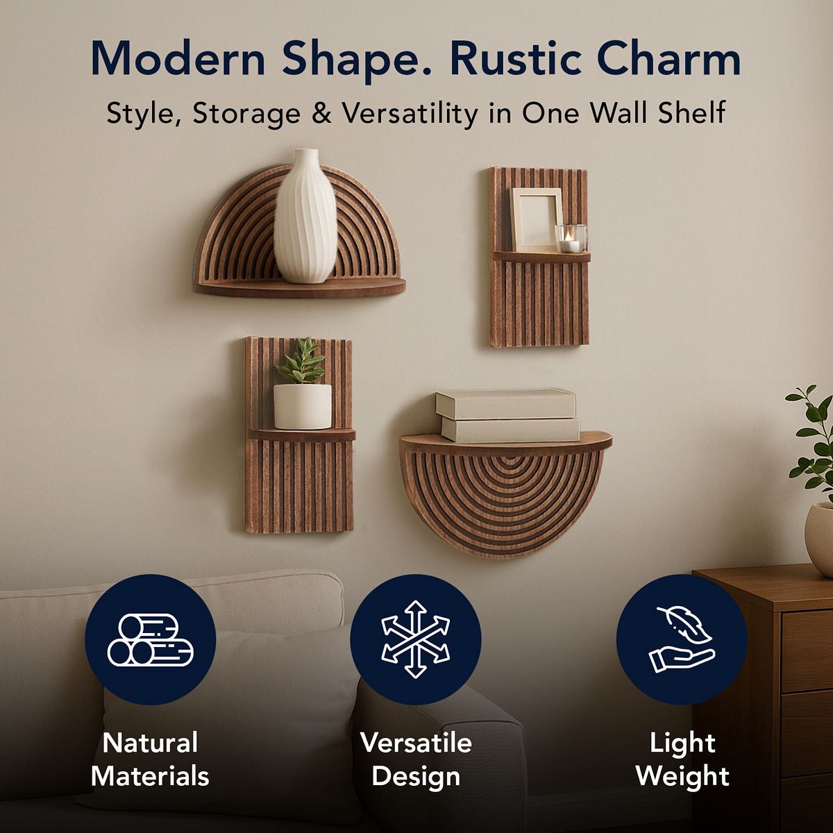 Natural materials versatile rustic design icons for shelf wall decor set