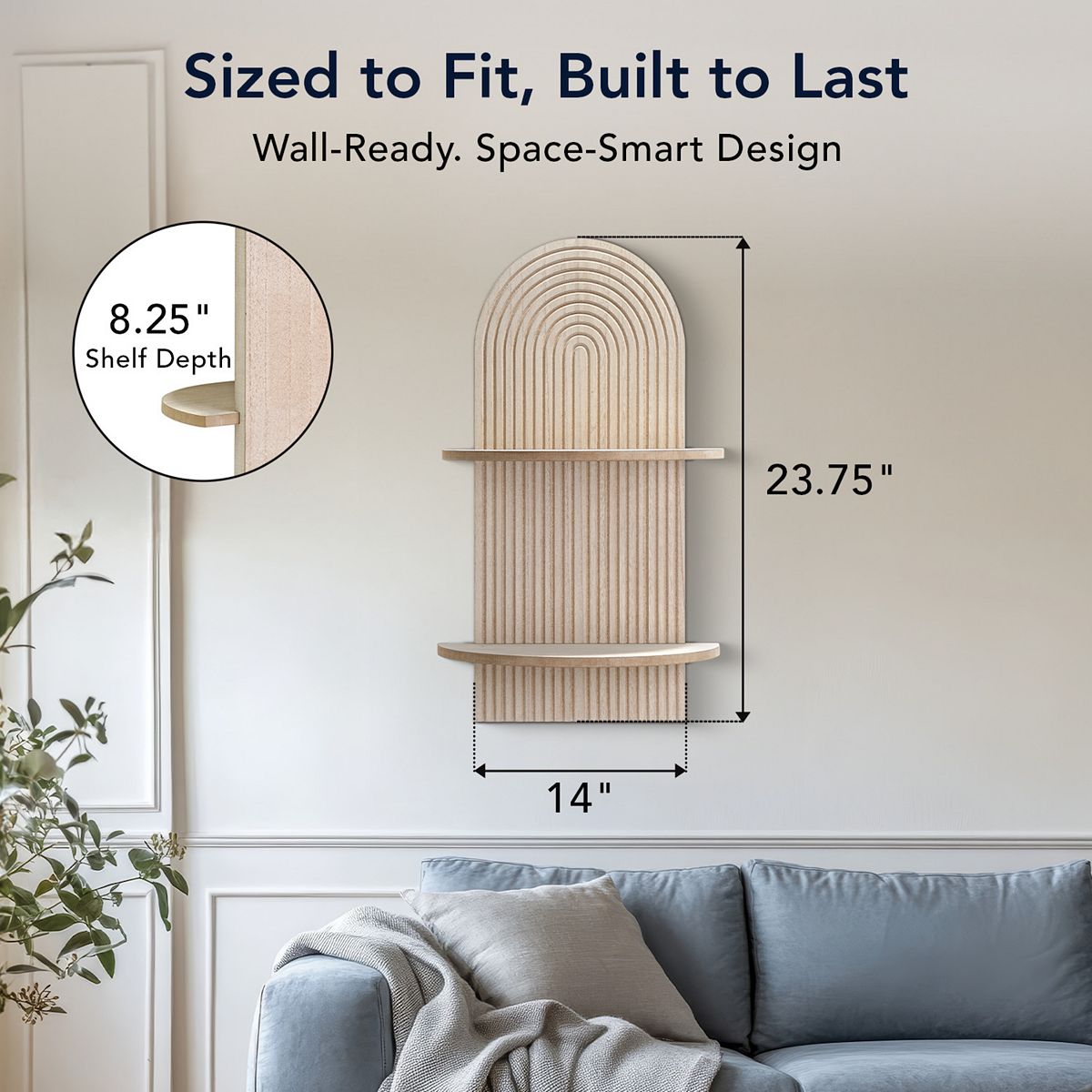 Dimensions diagram of arched wall shelf with measurements