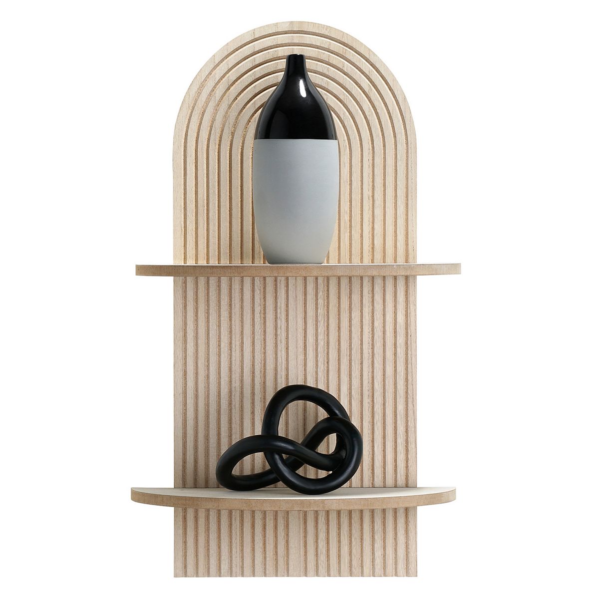 Close-up of bottle and knot decor on shelf