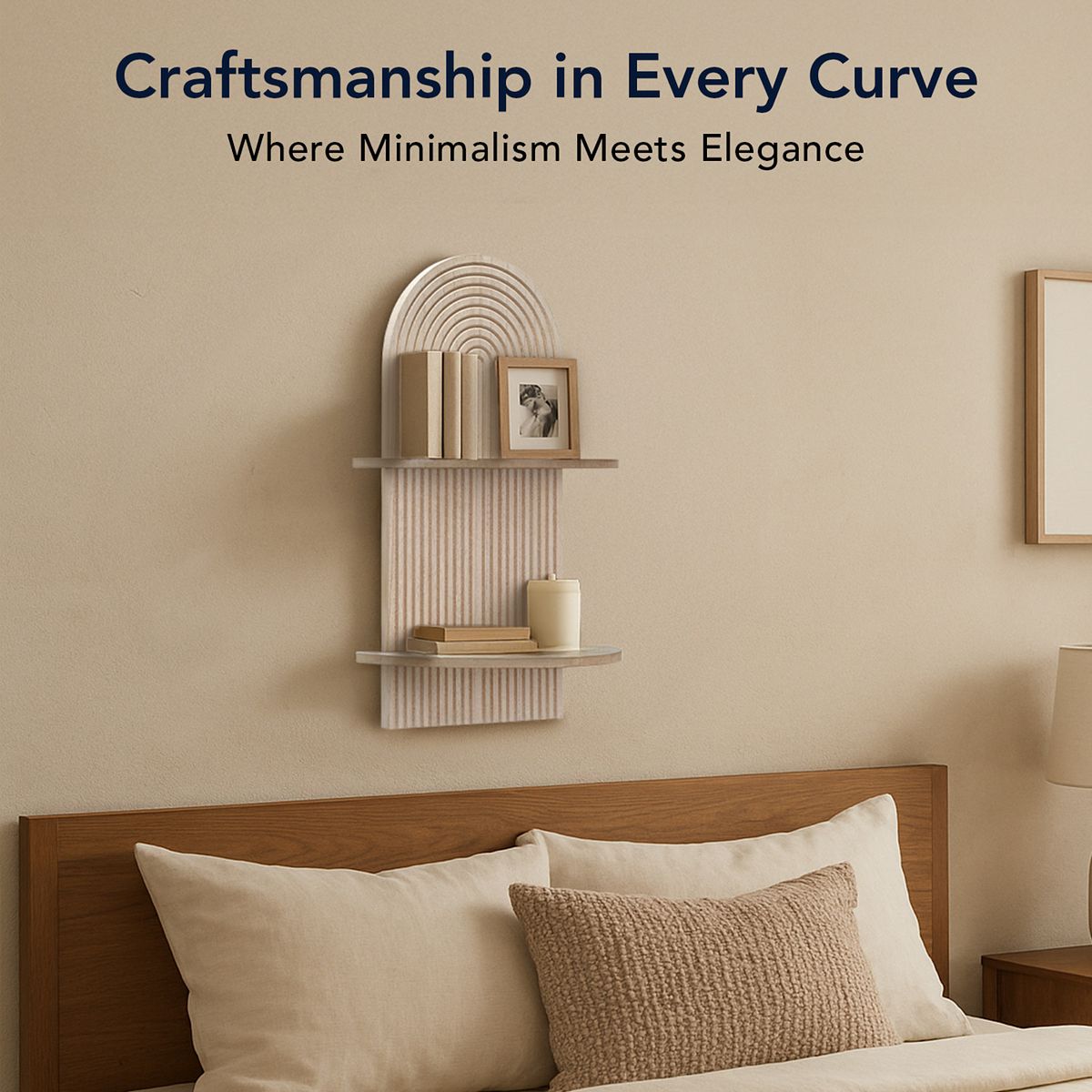 Shelf mounted above bed with decorative items