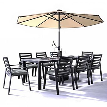 Leisuremod Chelsea Aluminum Outdoor Dining Table 87 With 8 Chairs And Charcoal Black Cushions