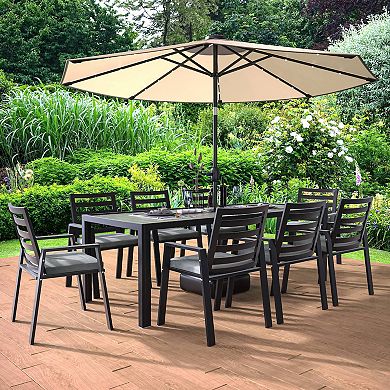 Leisuremod Chelsea Aluminum Outdoor Dining Table 87 With 8 Chairs And Charcoal Black Cushions