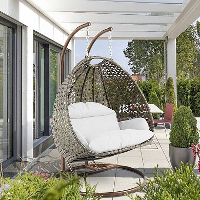 Leisuremod Beige Wicker Hanging 2 Person Egg Swing Chair