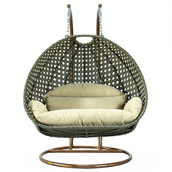 Leisuremod Beige Wicker Hanging 2 Person Egg Swing Chair