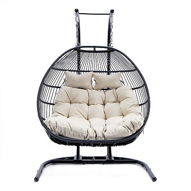 LeisureMod Wicker 2 Person Double Folding Hanging Egg Swing Chair