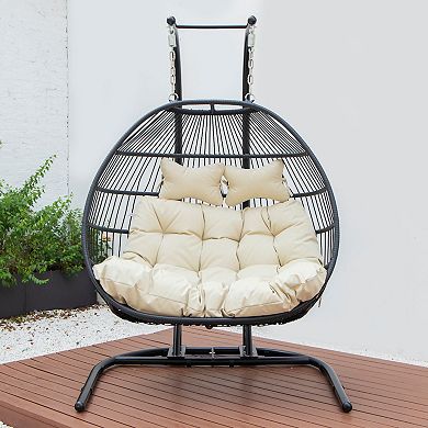LeisureMod Wicker 2 Person Double Folding Hanging Egg Swing Chair