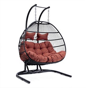 LeisureMod Wicker 2 Person Double Folding Hanging Egg Swing Chair