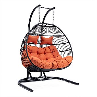 LeisureMod Wicker 2 Person Double Folding Hanging Egg Swing Chair