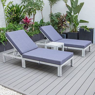 LeisureMod Chelsea Modern Outdoor Weathered Grey Chaise Lounge Chair Set of 2 With Side Table & Cushions