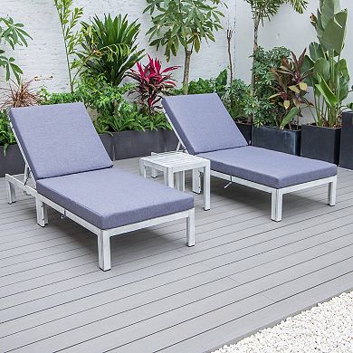 LeisureMod Chelsea Modern Outdoor Weathered Grey Chaise Lounge Chair Set of 2 With Side Table & Cushions