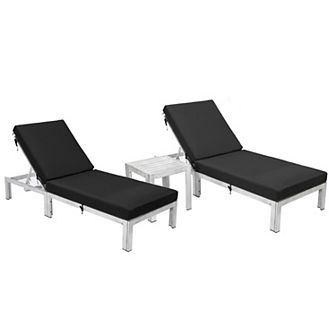 LeisureMod Chelsea Modern Outdoor Weathered Grey Chaise Lounge Chair Set of 2 With Side Table & Cushions