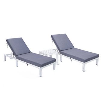 LeisureMod Chelsea Modern Outdoor Weathered Grey Chaise Lounge Chair Set of 2 With Side Table & Cushions