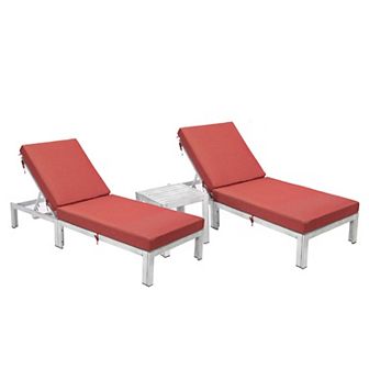 LeisureMod Chelsea Modern Outdoor Weathered Grey Chaise Lounge Chair Set of 2 With Side Table & Cushions