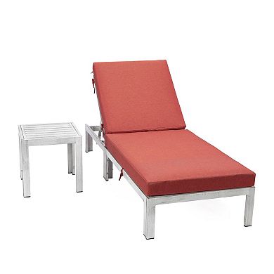 LeisureMod Chelsea Modern Outdoor Weathered Grey Chaise Lounge Chair With Side Table & Cushions