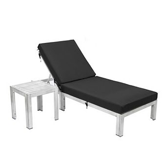LeisureMod Chelsea Modern Outdoor Weathered Grey Chaise Lounge Chair With Side Table & Cushions