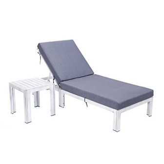LeisureMod Chelsea Modern Outdoor Weathered Grey Chaise Lounge Chair With Side Table & Cushions