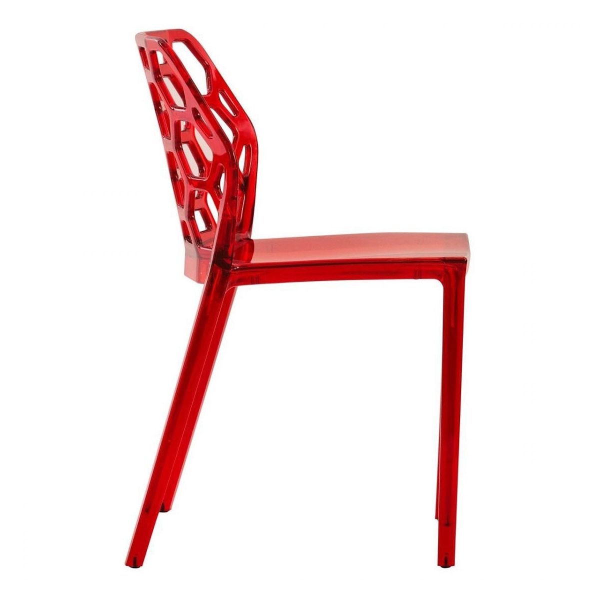 Red modern dining chair side view with honeycomb back cutouts