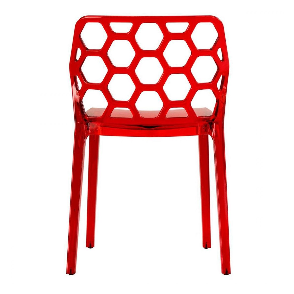 Red modern dining chair front view with hexagon cutout back