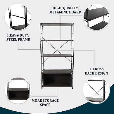 Leisuremod Brentwood Bookcase With Black Powder Coated Steel Frame And Melamine Board Shelves