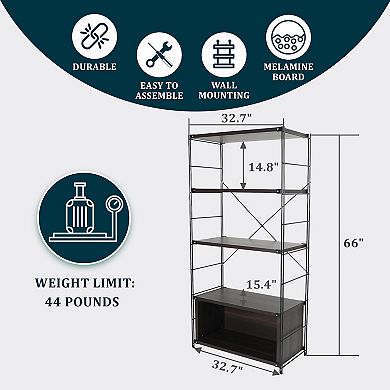 Leisuremod Brentwood Bookcase With Black Powder Coated Steel Frame And Melamine Board Shelves