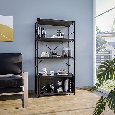 Leisuremod Brentwood Bookcase With Black Powder Coated Steel Frame And Melamine Board Shelves