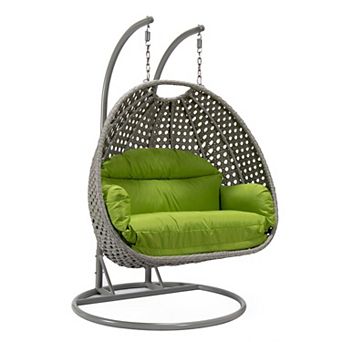 LeisureMod Mendoza Light Grey Wicker Hanging 2 person Egg Swing Chair