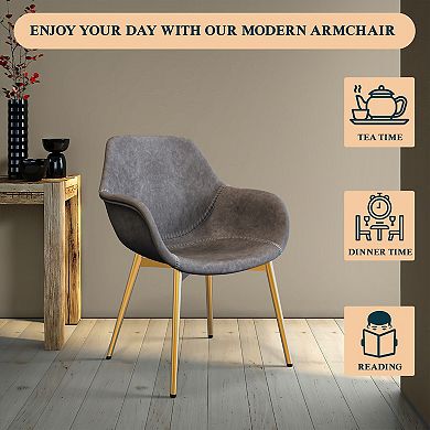 LeisureMod Markley Modern Leather Dining Arm Chair With Gold Metal Legs Set of 4