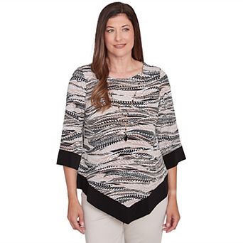 Women's Alfred Dunner Abstract Feather Solid Trim Top with Necklace