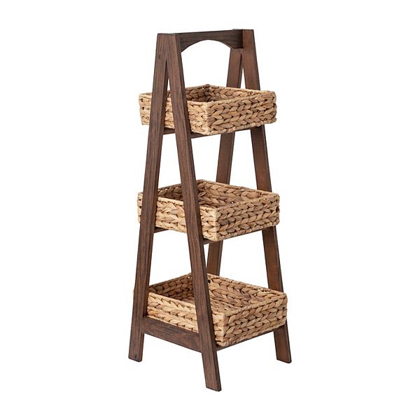 RGI Home Woven Water Hyacinth Decorative Storage Baskets with Wood Tower, Set of 3 -Natural Finish - Natural