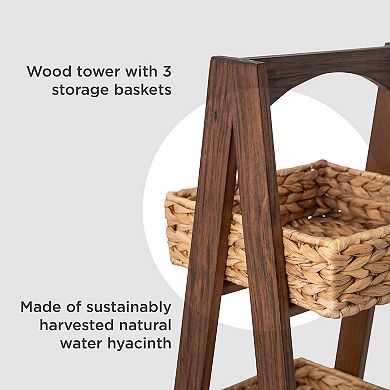 RGI Home Woven Water Hyacinth Decorative Storage Baskets with Wood Tower, Set of 3 - Natural Finish