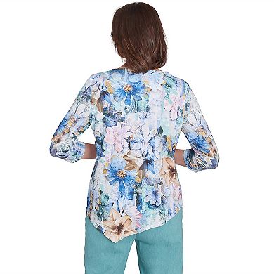 Alfred Dunner Floral Print Pointed Hem Top with Necklace- Petite