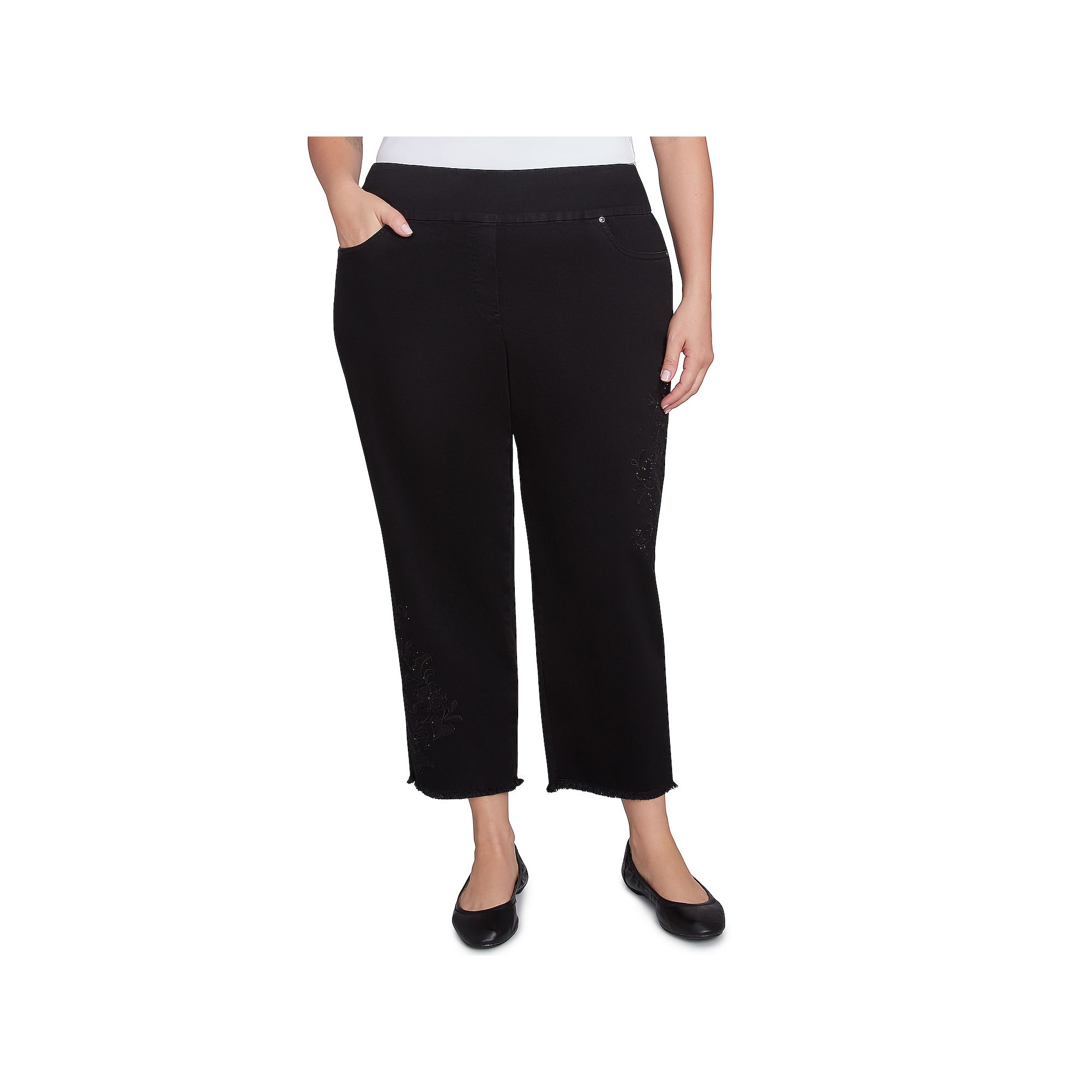 Plus Size Alfred Dunner Embroidered Floral Denim Fringe Ankle Pants, Women
