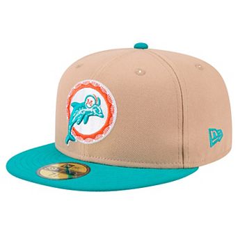Men's New Era Tan Miami Dolphins Throwback Logo Main 59FIFTY Fitted Hat