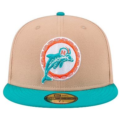 Men's New Era Tan Miami Dolphins Throwback Logo Main 59FIFTY Fitted Hat