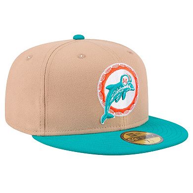 Men's New Era Tan Miami Dolphins Throwback Logo Main 59FIFTY Fitted Hat