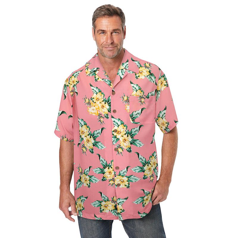 KingSize big & tall printed camp shirt in melon hibiscus
