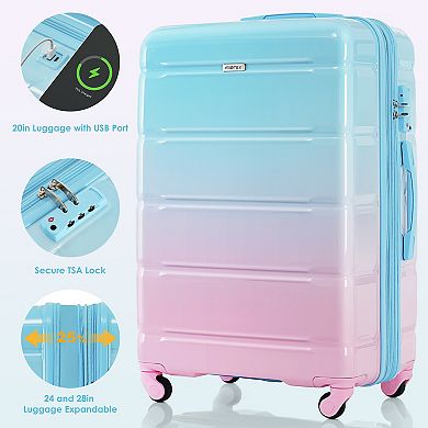 Merax Hardshell Luggage Sets 3 Pcs Spinner Suitcase With Tsa Lock，20-inch With Usb Port