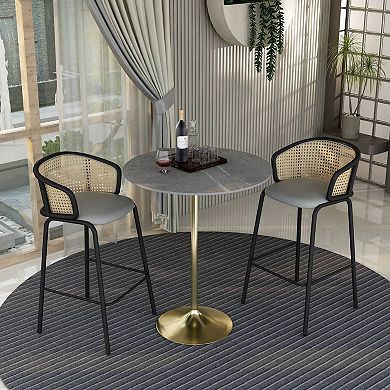 LeisureMod Verve 36" Bar Dining Table with Sintered Stone Round Top in Gold Steel, Marble Grey