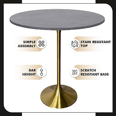 LeisureMod Verve 36" Bar Dining Table with Sintered Stone Round Top in Gold Steel, Marble Grey