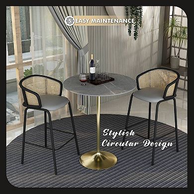 LeisureMod Verve 36" Bar Dining Table with Sintered Stone Round Top in Gold Steel, Marble Grey