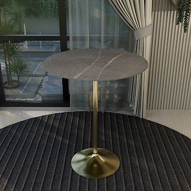 LeisureMod Verve 36" Bar Dining Table with Sintered Stone Round Top in Gold Steel, Marble Grey