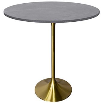 LeisureMod Verve 36" Bar Dining Table with Sintered Stone Round Top in Gold Steel, Marble Grey