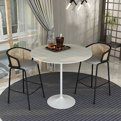 LeisureMod Verve 48" Bar Height Dining Table with MDF Round Top in White Steel, Light Natural Wood