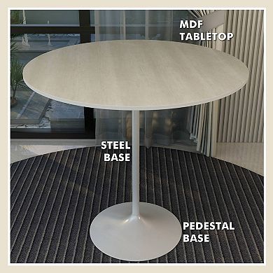 LeisureMod Verve 48" Bar Height Dining Table with MDF Round Top in White Steel, Light Natural Wood