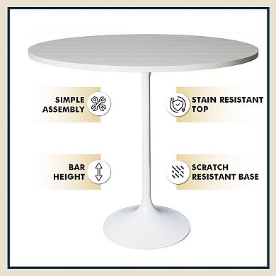 LeisureMod Verve 48" Bar Height Dining Table with MDF Round Top in White Steel, Light Natural Wood