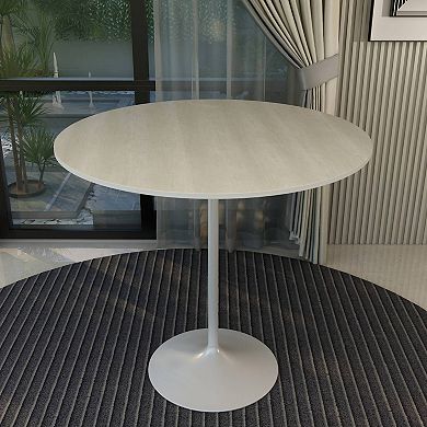 LeisureMod Verve 48" Bar Height Dining Table with MDF Round Top in White Steel, Light Natural Wood